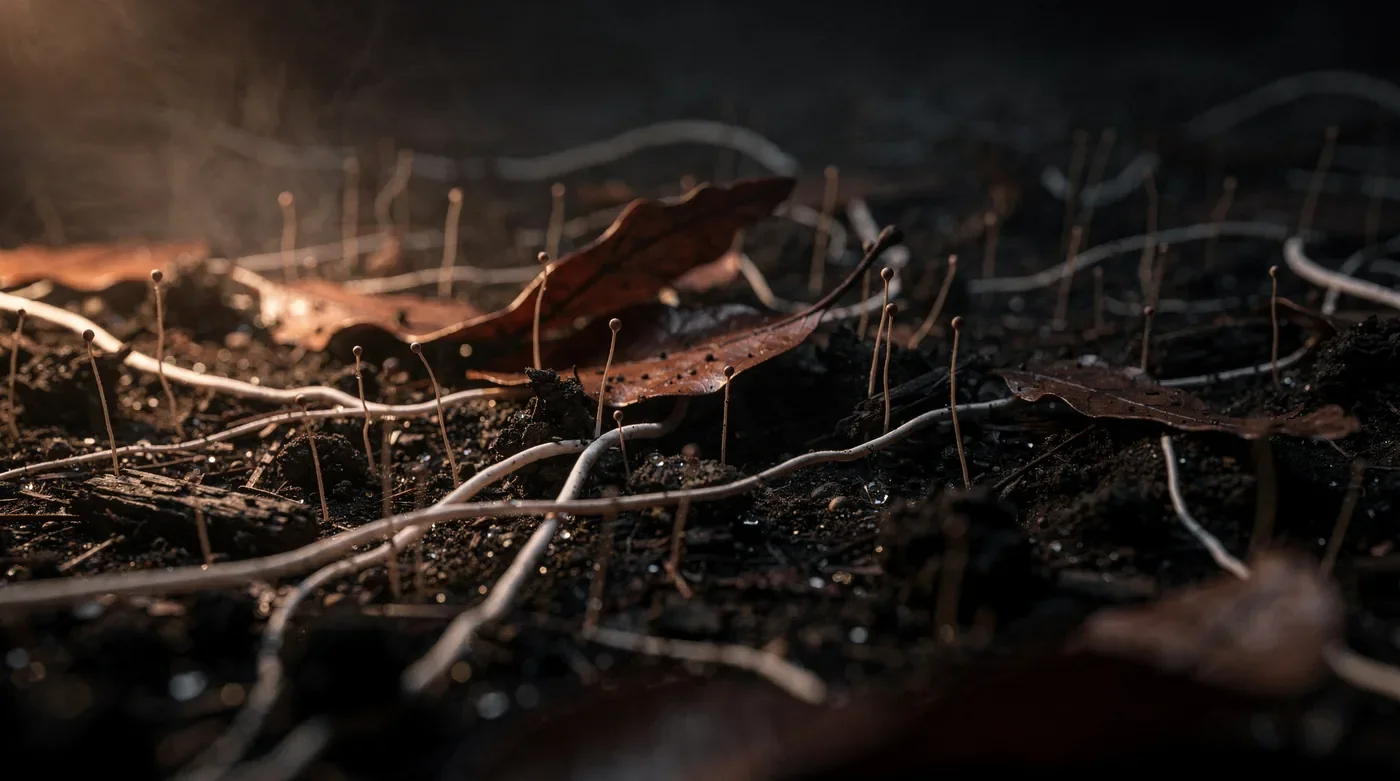 Macro view of mycelium and roots in dark soil